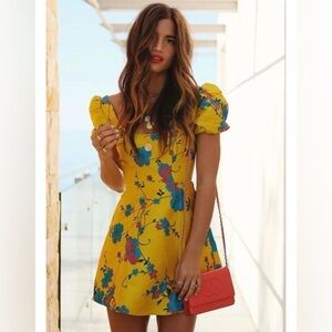 REVOLVE X LPA | FLORAL JACQUARD YELLOW PUFF SLEEVE MINI DRESS SMALL